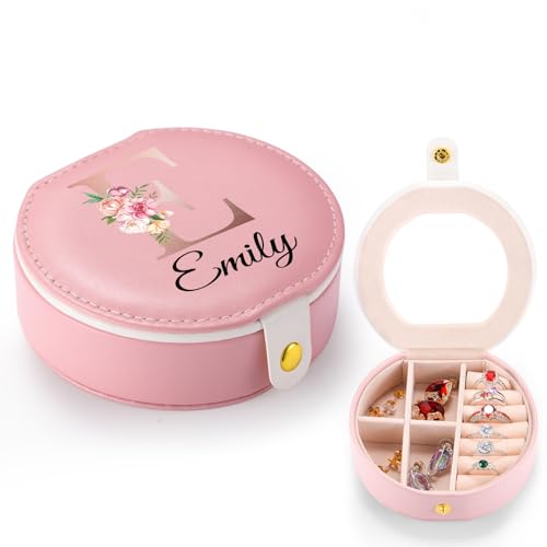 Personalisierte Schmuckschatulle, Reise Schmuckkoffer Geburtstagsgeschenke für Frauen, Kleiner Schmuckaufbewahrungskoffer mit Blume/Name/Initiale Tragbarer Leder Schmuck Organizer von WACAR