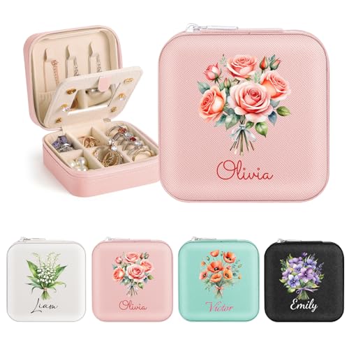 Personalisierte Schmuckschatulle für Damen, Schmuckkästchen Klein Leder Schmuckaufbewahrung Reise, Schmuckkästchen Organizer mit Initiale/Blume/Name für Ringe Ohrringe Halsketten von WACAR