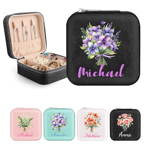 Personalisierte Schmuckschatulle für Damen, Schmuckkästchen Klein Leder Schmuckaufbewahrung Reise, Schmuckkästchen Organizer mit Initiale/Blume/Name für Ringe Ohrringe Halsketten von WACAR