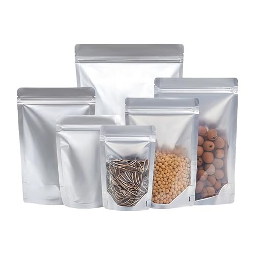WACCOMT Pack 50 Stück Silber Reine Aluminiumfolie Stand Up Klare Front Mylar Bags Lebensmittelaufbewahrung Reißverschlusstaschen Heißsiegel Geruchssichere Verpackungsbeutel (14x20cm (5.5x7.8inch)) von WACCOMT Pack