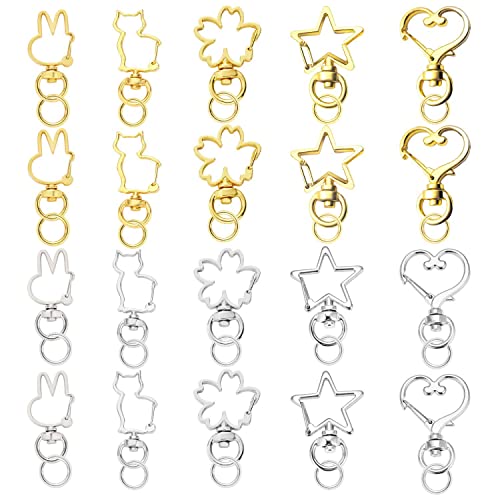 WACH AUF 20 Stück Herz Schlüsselanhänger Metall Klein Schlüssel Karabiner Karabinerhaken Star Pentagramm Blume Hase Katze form für DIY Schmuckverschluss Schlüsselringe (Gold und Silber) von WACH AUF