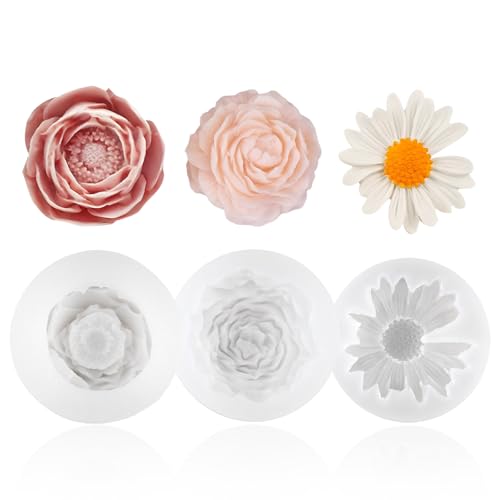 WACH AUF 3 Stück Kerzen Silikonformen Kerzenform Blumen 3D Silikonform Kerzen Silikonformen Gießformen Kerzen Gießen Formen für DIY Kerzen, Seifen, Gipsharzhandwerk (Pfingstrose Rose Chrysantheme) von WACH AUF