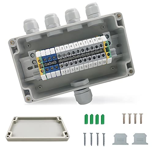 WACH AUF Abzweigdose Wasserdicht IP66, Durchgangsklemme UK 2,5 Klemmen-Kit, DIN-Schienenanschlussblock-Kit mit Verteilerdose Aufputz 1 In 4 Out für DIY Projekte, Automatisierungsprojekte von WACH AUF