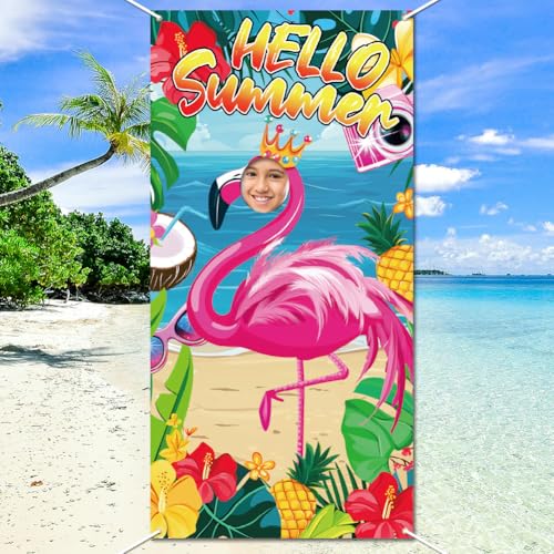 WADORN „Hallo Sommer“ Türbanner Mit Foto Großer Fotohintergrund Aus Stoff Mit Hawaiianischem Flamingo Sommerparty Banner Strandgesicht Im Loch Foto Requisiten Für Geburtstage Luau Partys 90x180cm von WADORN