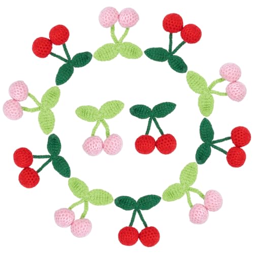 WADORN 10 Stück 2 Stile Häkelkirschen, Stricken Kirsche Patches Nähen auf Applikationen Handgemachte Häkeln Süße Kirsche Anhänger Rosa Rot Obst Häkeln Zubehör für DIY Schlüsselanhänger Kleidung Tasche von WADORN