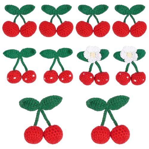WADORN 10 Stück 4 Stile Häkelkirschen, Stricken Kirsche Patches Nähen auf Applikationen Handgemachte Häkeln Süße Kirsche Anhänger Obst Häkeln Zubehör für DIY Schlüsselanhänger Kleidung Tasche von WADORN