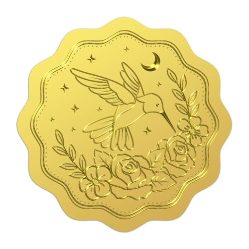 WADORN 100 Stück Briefumschlagsiegel Mit Kolibri Prägung In Gold 5cm Kranz Selbstklebende Zertifikatsiegelaufkleber Runde Geprägte Foliensiegel Für Geburtstags Hochzeitseinladungen Umschläge Karten von WADORN