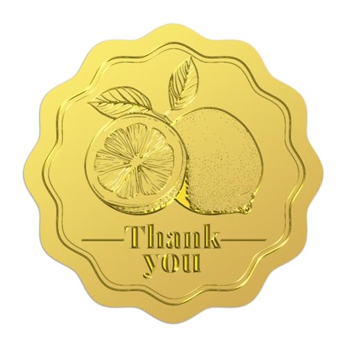 WADORN 100 Stück Danke Zitronengoldfolie Aufkleber, 5cm Zitronenfrucht Goldfarbene Geprägte Briefumschlagsiegel Selbstklebendes Geprägtes Siegeletikett Für Dankeschön Geschenkkarten Brautparty von WADORN