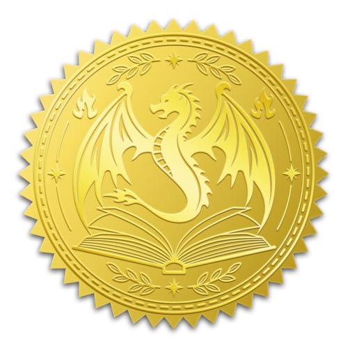 WADORN 100 Stück Drachenbuch Geprägte Goldfoliensiegel 5cm Drachen Aufkleber Aus Goldfolie Fliegender Drache Mit Buch Selbstklebende Geprägte Siegeletiketten Für Einladungen Grußkarten Und Umschläge von WADORN