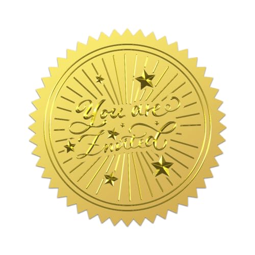 WADORN 100 Stück Einladungs Goldfolie Aufkleber, 5cm You Are Invited Runde Selbstklebende Siegeletiketten Mit Prägung Ausgefallener Schrift Sternen Geprägte Goldfolie Aufkleber Für Einladungskarte WADORN 100 Stück Einladungs Goldfolie Aufkleber, 5cm You Are Invited Runde Selbstklebende Siegeletiketten Mit Prägung Ausgefallener Schrift Sternen Geprägte Goldfolie Aufkleber Für Einladungskarte von WADORN