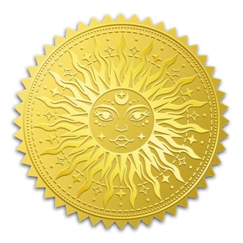 WADORN 100 Stück Sonnen Aufkleber In Goldfolie, 5cm Sonnen Tarotkarte Goldene Umschläge Siegel Boho Sonnengesicht Selbstklebendes Geprägtes Siegeletikett Für Einladungen Grußkarten Umschläge von WADORN