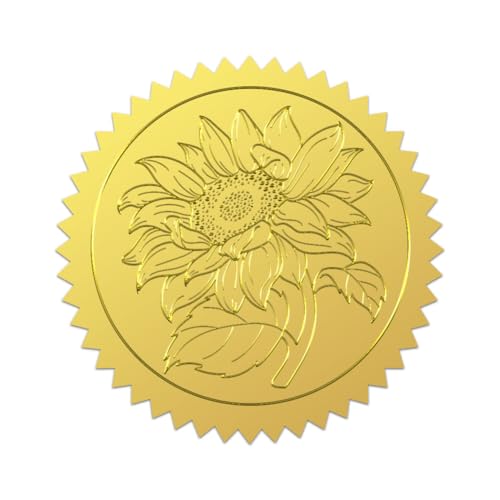 WADORN 100 Stück Sonnenblumen Goldfolie Aufkleber, 5cm Runde Selbstklebende Siegeletiketten Mit Prägung Blühende Blume Goldenen Zertifikatsprägungen Siegelaufkleber Für Gruß Einladungskarten von WADORN