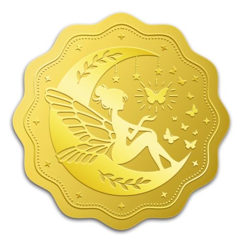 WADORN 100 x Feen Aufkleber In Goldfolie. 5cm Mondfee Goldene Briefumschläge Siegeletiketten Mit Feenmotiv Selbstklebend Geprägt Für Einladungen Grußkarten Umschläge Geschenkverpackungen von WADORN