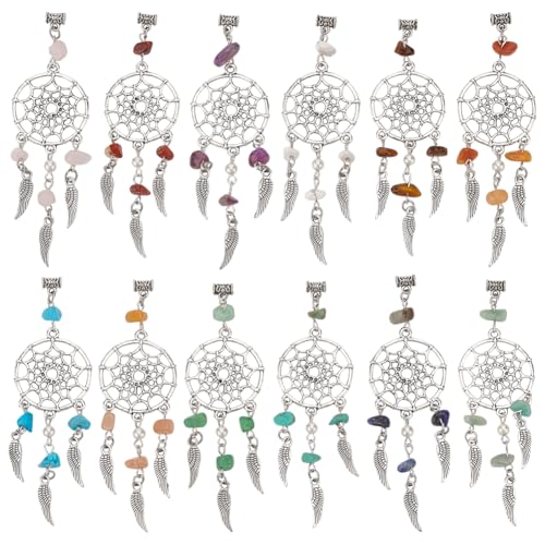 WADORN 12 Farbe Traumfänger Anhänger, Traumfänger Edelstein Chip Charms Böhmischer Traumfänger Feder Charm Ornament Zur Schmuckherstellung Schlüsselanhänger Halskette, Antik Silber von WADORN