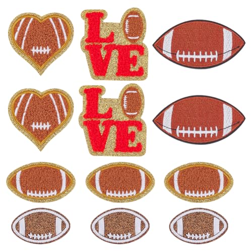WADORN 12 Stück Pailletten Fußball Aufnäher, 5 Stile Bestickter Fußball Rugby Weiße Stiche Brauner Stoffaufnäher Zarte Applikation Für DIY Kleidung Rucksack Jeansjacke T Shirt Schuh von WADORN
