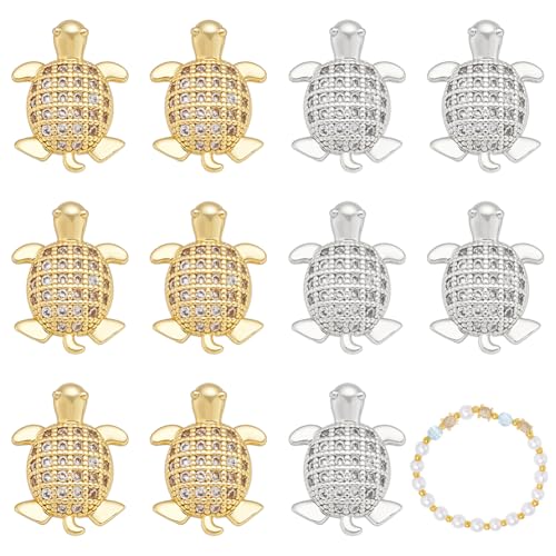 WADORN 12 Stück Zirkonia Anhänger Mit Meeresschildkröte Echte 18K Vergoldete/Platinierte, Mikro Pavé Kristallstein Turle Perlen Messing Meerestier Schildkröten Perlen Bulk Für DIY Bastelarbeiten von WADORN