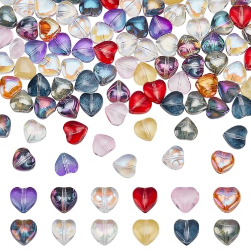 WADORN 120 Stück 12 Farben Herz Transparente Glasperlen, Herz Kristallperlen In Großpackung Zur Schmuckherstellung Herzförmige Lose Abstandsperlen Für DIY Halsketten Armbänder Ohrringe, 7x8mm von WADORN
