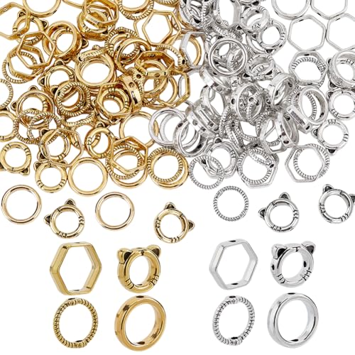 WADORN 128 Stück 8 Stile Doppelloch Perlenrahmen, 10/11/11.5/12.5mm Runde Rahmen Abstandshalterperlen Katzenform Verbindungsringe Legierungsperlenrahmen Verbindungsstücke Für Halsketten Schmuck von WADORN