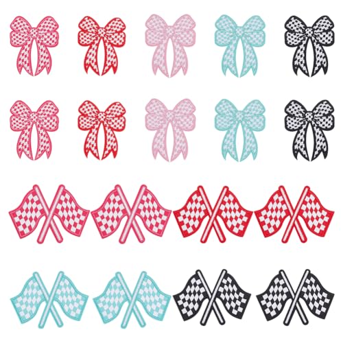 WADORN 18 Stück 9 Stile Bogen Karierte Flagge Patches, Bunte Karierte Flagge Mit Schleife Zum Aufbügeln/Aufnähen Auf Besticktem Stoffflicken Reparatur Stickapplikation Für DIY Näharbeiten von WADORN