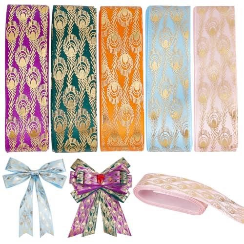 WADORN 22.86 m 5 Farben Pfauen Jacquardband, 25mm Pfauenfeder Goldfarben Gewebtes Vintage Stickband Polyester Jacquard Randbesatz Bandstoff Für DIY Hochzeitssträuße Geschenkpapier Basteln von WADORN
