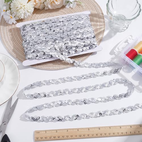 WADORN 25 m Spitzenbesatz Mit Glitzerpailletten 15mm Flacher Glitzer Paillettenstreifen Zum Nähen Basteln Flache Pailletten Geflochtene Spitzenbänder Stoff Für DIY Tanzkleider Stirnbänder Hüte Taschen von WADORN