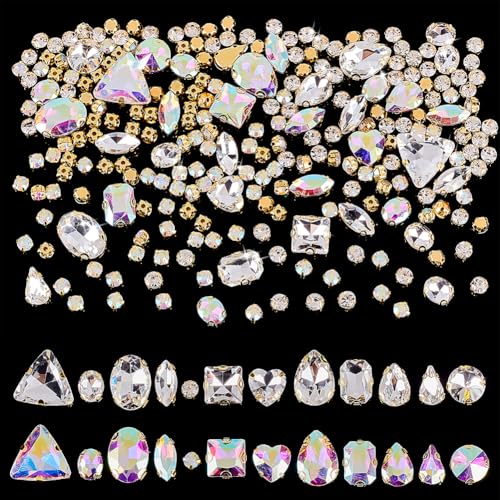 WADORN 260 Stück 12 Styles Glas Nähen auf Strass Klaue, Herz Teardrop Runde Transparent Kristall AB Flatback Klaue Einstellung Strass Facettiert Nähen Kristall Cabochons für Kleidungsstück Schmuck von WADORN