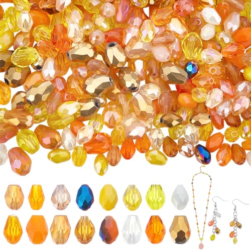 WADORN 296 Stück 2 Stile Glaskristallperlen In Tropfenform, Gelbe Anhänger Tropfenperle Vertikales Loch Facettierte Glastropfen Lose Abstandsperle Für Herstellung Armbändern Halsketten von WADORN