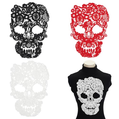 WADORN 3 Farben Halloween Schädel bestickte Spitzenapplikation, Skelett Spitze Applikation Totenkopf Patch Stoff Trim für DIY Kleidung Nähen Braut Hochzeitskleid Kleidung Dekorationen Zubehör (Schwarz WADORN 3 Farben Halloween Schädel bestickte Spitzenapplikation, Skelett Spitze Applikation Totenkopf Patch Stoff Trim für DIY Kleidung Nähen Braut Hochzeitskleid Kleidung Dekorationen Zubehör (Schwarz von WADORN