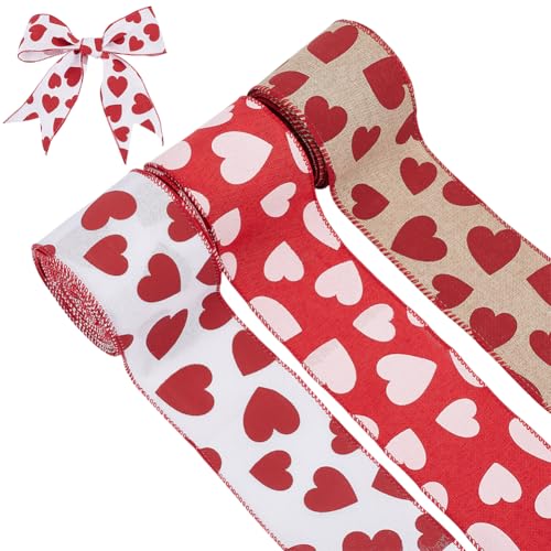 WADORN 3 Rolle 13 Yards Herz Liebe Sackleinen Drahtband, 6.3cm Großes Geschenkband Mit Herz Aufdruck Und Liebesrand Für DIY Geschenkverpackungen Zum Valentinstag Hochzeit Party Muttertag Urlaub von WADORN