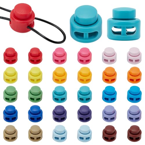 WADORN 30 Stück 15 Farben Kordelstopper Aus Kunststoff, Doppelloch Kordelzug Endstopper Federschieber Knebelverschluss Clip Für Gummikordel Kordelzug Schnürsenkelverschlüsse Kapuzenpullover Taschen von WADORN