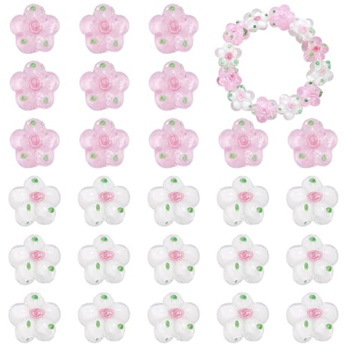 WADORN 30 Stück Glasblumenperlen Transparent Rosa Weiß Tschechische Lampwork Perlen Mit 1.4mm Loch Florale Ästhetische Bastel Abstandshalterperle Für Armbänder Halsketten Ohrringe Rosenkränze von WADORN