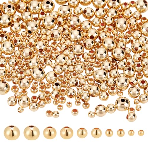 WADORN 300 Stück 2/3/4/5/6mm 5 Größe 14K Gold Runde Abstandsperlen Messing, Gefüllte Lose Abstandsperlen Nahtlos Glatt Und Langlebig Runde Abstandsperlen Mini Metallkugelperlen Zur Schmuckherstellung von WADORN
