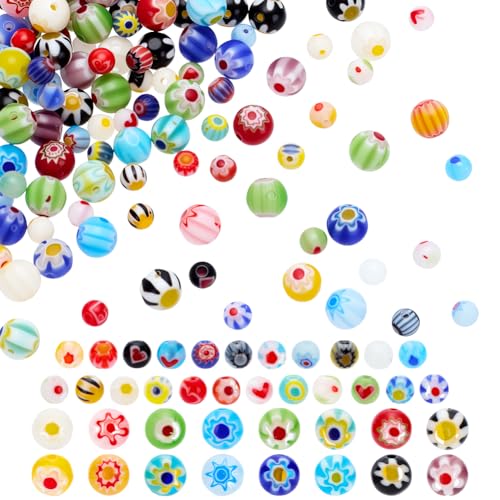 WADORN 330 Stück Lampwork Glasperlen, 4mm 6mm Handgefertigt Blumen Millefiori Runde Perlen Gemischte Farben Lose Abstandshalter Mosaikperlen Für Armbänder Halsketten Schmuckherstellung, 1mm Loch von WADORN