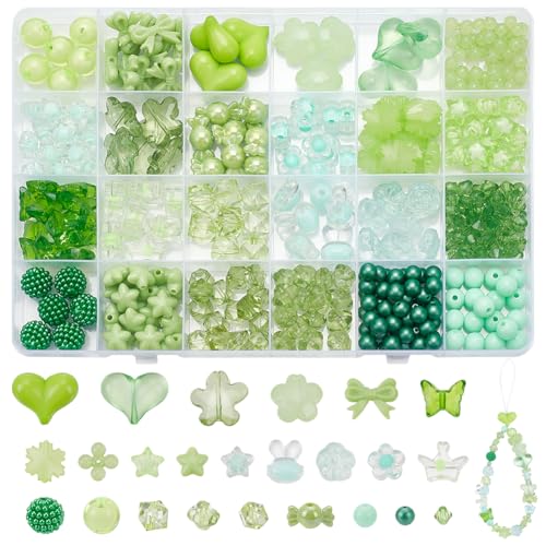 WADORN 339 Stück Acrylperlen In Grün Farben, 24 Stile Lose Abstandshalter Herz Stern Schmetterling Schleife Ästhetische Perlen Lose Für DIY Halsketten Ohrringe Lanyard Bastelarbeiten von WADORN