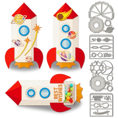 WADORN 4 Stück 3D Metall Stanzformen In Form Einer Süßigkeitenbox Mit Raketenmotiv Stanzschablonen Aus Karbonstahl Mit Weltraum Universum Für Geburtstage Partys Einladungskarten DIY Scrapbooking von WADORN