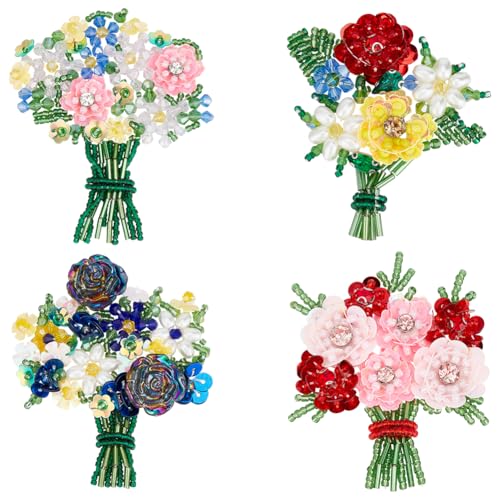 WADORN 4 Stück 4 Stile Strass Perlen Blumen Patches mit Glas Rocailles Kristall Floral Aufnäher Pailletten Patch Handgemachte Perlen Nähen Applikation für Muttertag Kleidung Hut Taschen Jeans Jacken von WADORN