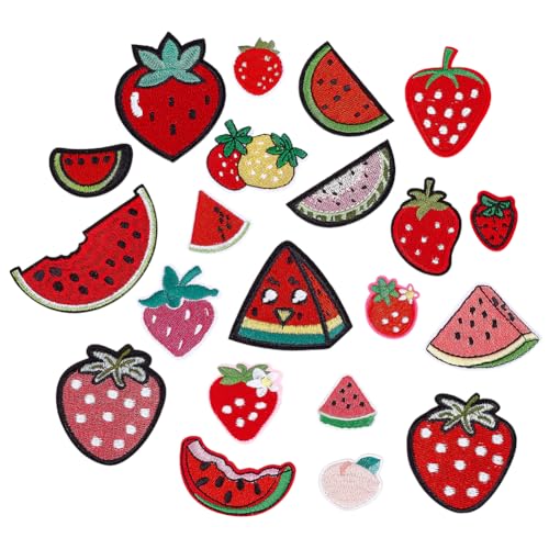 WADORN 42 Stück 21 Stile Erdbeer-Wassermelonen-Aufnäher zum Aufbügeln, niedliche Früchte, zum Aufbügeln oder Aufnähen, Applikation, Obst-Reparaturflicken für Sommer-Thema, bestickte Aufnäher für von WADORN