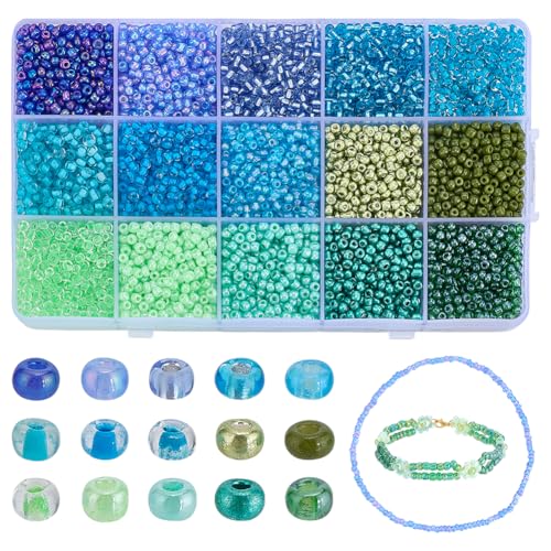 WADORN 4950 Stück 15 Farbe Blaugrüne Glasperlen, 3mm 4mm Mini Rocailles Perlen Bunt Glatt Pony Perlen Kleine Runde Taille Lose Abstandsperlen Für Die Herstellung von DIY Halsketten Schmuck von WADORN