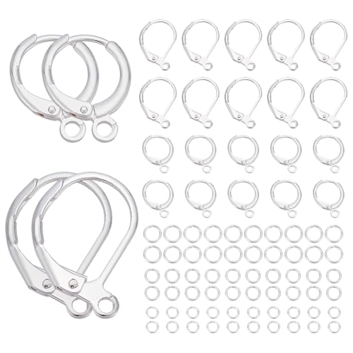 WADORN 50 Stück Klappbügel-Ohrringe und 4 mm, 5 mm, 6 mm Messing-Binderinge, 925er Sterlingsilber plattiert, französische runde Creolen-Ohrringhaken, austauschbare baumelnde Ohrdraht, für von WADORN