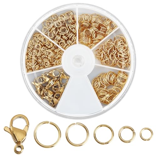 WADORN 540 Stück 5 Stile 18 Karat Vergoldete Karabinerverschlüsse Biegeringe, 304 Edelstahl 530 Stück 4mm 5mm 6mm 7mm 8mm Offene Biegeringe 10 Stück 12x7x3.5mm Schmuckverschlüsse Für DIY Armbänder von WADORN
