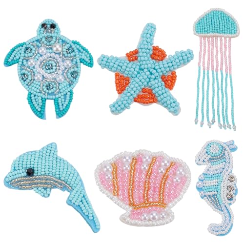 WADORN 6 Stück 6 Stile Ozean Tiere Perlen Strass Patches, Applikationen Zum Aufnähen Mit Schildkröten Muscheln Und Seesternen Perlenstickerei Applikationen Zur Verzierung Kleidungsstücken von WADORN