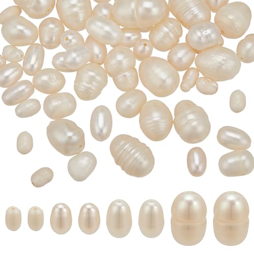 WADORN 60 Stück Süßwasser-Zuchtperlen In 4 Größen, 3.5-12 mm Reis-Süßwasserperlen Natürliche Zuchtperlen Mit 0.6-0.8 mm Loch Unregelmäßige Natürliche Ovale Lose Perlen von WADORN