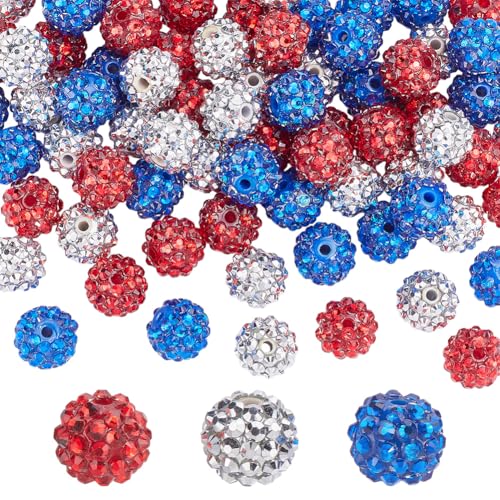 WADORN 75 Stück 3 Farben Strass Perlen Zur Schmuckherstellung, 14mm Glänzende Runde Discokugel Perlen Gemischte Farben Strass Harzperlen Charms Für Armband Halskette Unabhängigkeitstag von WADORN