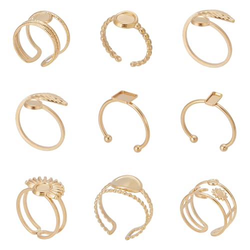 WADORN 9 Stück 9 Stile 18 Karat Vergoldet Leere Ringe Basisschale, Verstellbare Flache Fingerringkomponenten 304 Rohling Aus Edelstahl Offene Manschettenfassungsschalen Für DIY Schmuckherstellung von WADORN