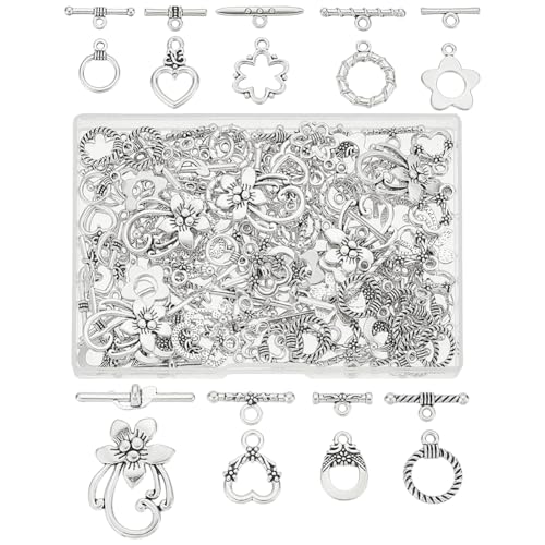 WADORN 90 Sets 9 Stile Knebel-Schmuckverschlüsse, T-Steg-Verschlüsse, OT-Blumen-Herz-Verschlüsse, Legierung, Knebelverschlüsse mit Biegeringe für Halskette, Armband, Schmuckherstellung, Antiksilber WADORN 90 Sets 9 Stile Knebel-Schmuckverschlüsse, T-Steg-Verschlüsse, OT-Blumen-Herz-Verschlüsse, Legierung, Knebelverschlüsse mit Biegeringe für Halskette, Armband, Schmuckherstellung, Antiksilber von WADORN
