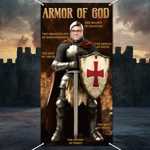 WADORN Armor Knight Foto Türbanner, 90x180cm Großer Partys Fotohintergrund Mit Bibelrittern Großer Stoff Mittelalterliches Gesicht Im Loch Hängendes Türabdeckungsbanner Mit Seil Für Halloween Partys von WADORN