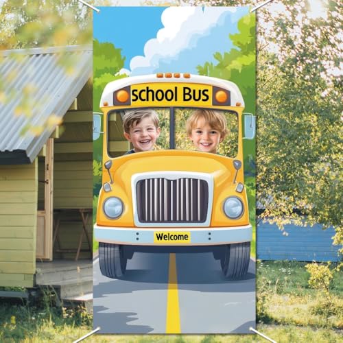 WADORN Bus Hintergrundfoto Türbanner Bus Thema Großer Stoff Fototür Hintergrund Requisiten Dekor Lustiger Willkommensbus Foto Hintergrund Party Zubehör Für Dekoration Geburtstagspartys 90x180cm von WADORN