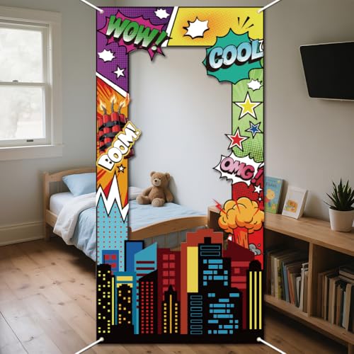 WADORN Comic Helden Fotorahmen Requisiten Für Party Dekor, 90x180cm Hero Thema Foto Banner Tür Hintergrund Requisiten Dekor Große Stoff Fotografie Hintergrund Geburtstag Party Supplies von WADORN