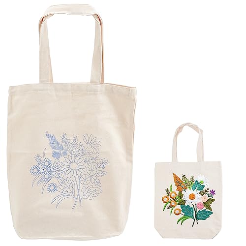 WADORN DIY Canvas -Einkaufstasche Stickset, Blumenmuster Handtasche Sticktasche Making Kit für Anfänger Personalisierte Leinwand Bag Cross Stitch Kits DIY Nadelpoint Kits enthalten Farbfäden, Weiß von WADORN