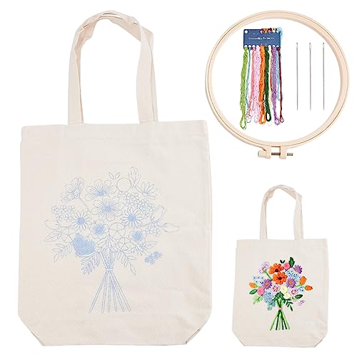 WADORN DIY Canvas Tote Bag Stickset mit Muster und Anleitung, inklusive Sticktasche mit Blumenmuster, Bambus Stickrahmen personalisierte Segeltuch Tasche Kits für Erwachsene, Beige von WADORN